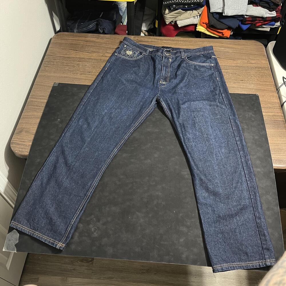 Phat Farm Jeans Mens 42x32 Blue Dark Wash Regular Fit Straight Leg Embroidered
